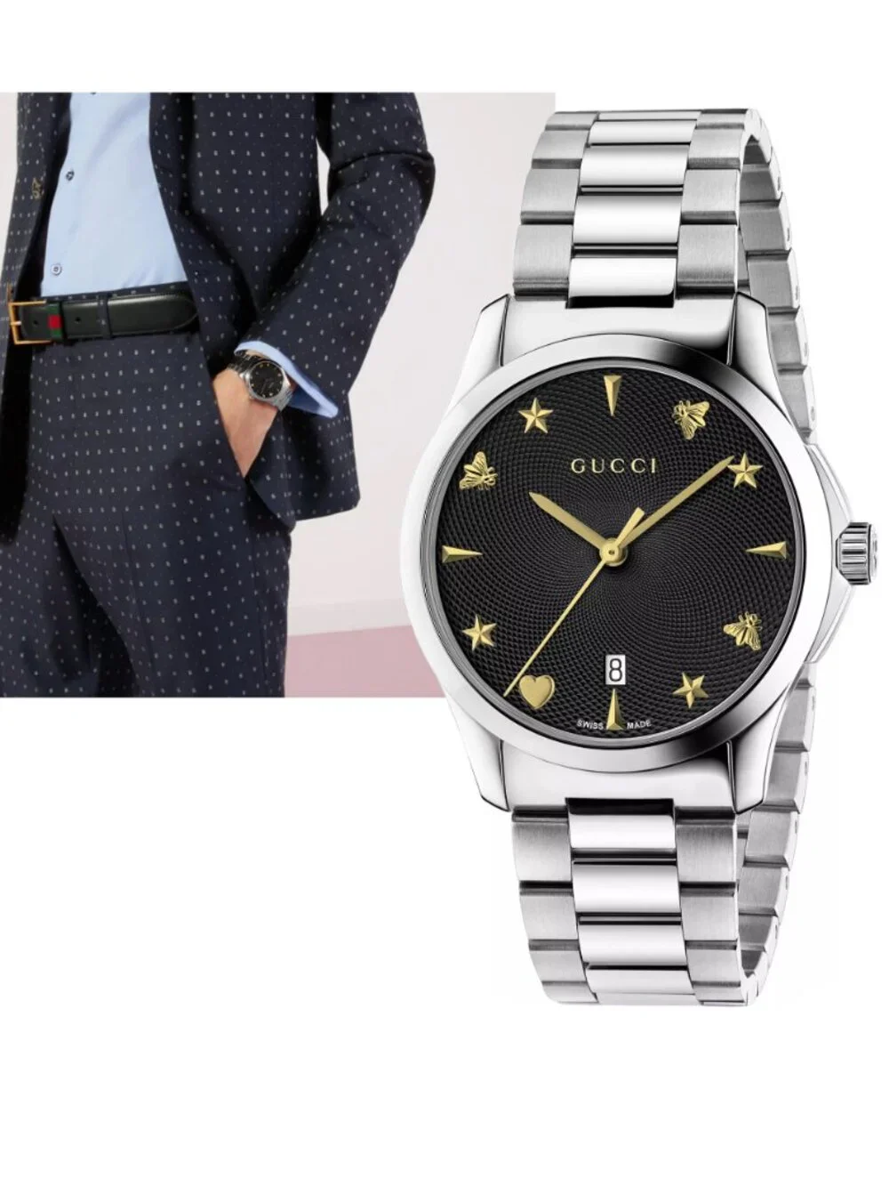 GUCCI WATCH YA1264029A STAINLESS STEEL BRACELET BLACK DIAL 38mm